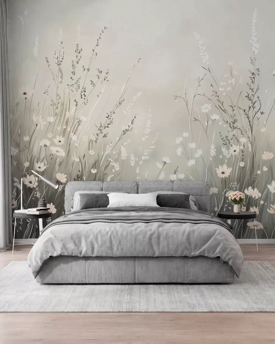 wall murals Меки ливадни призор са белим цвећем и нежним травама w05015v1