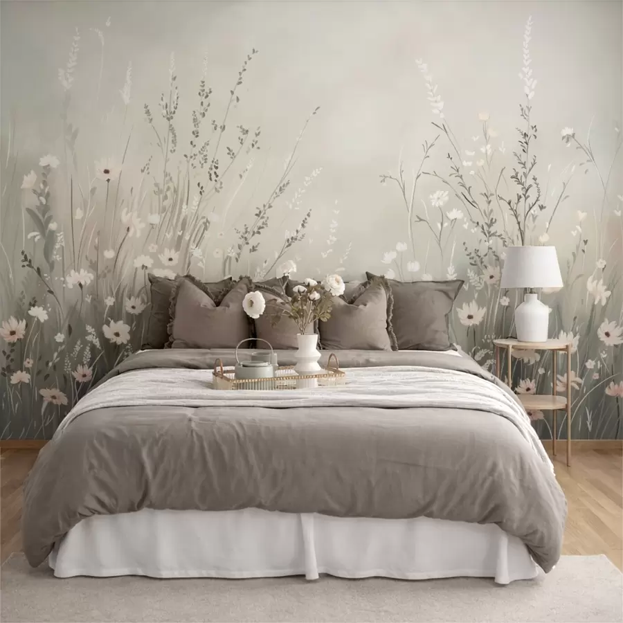 wall murals Меки ливадни призор са белим цвећем и нежним травама w05015v1