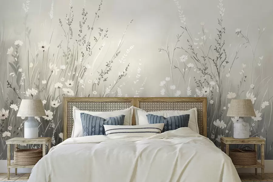 wall murals Меки ливадни призор са белим цвећем и нежним травама w05015v1