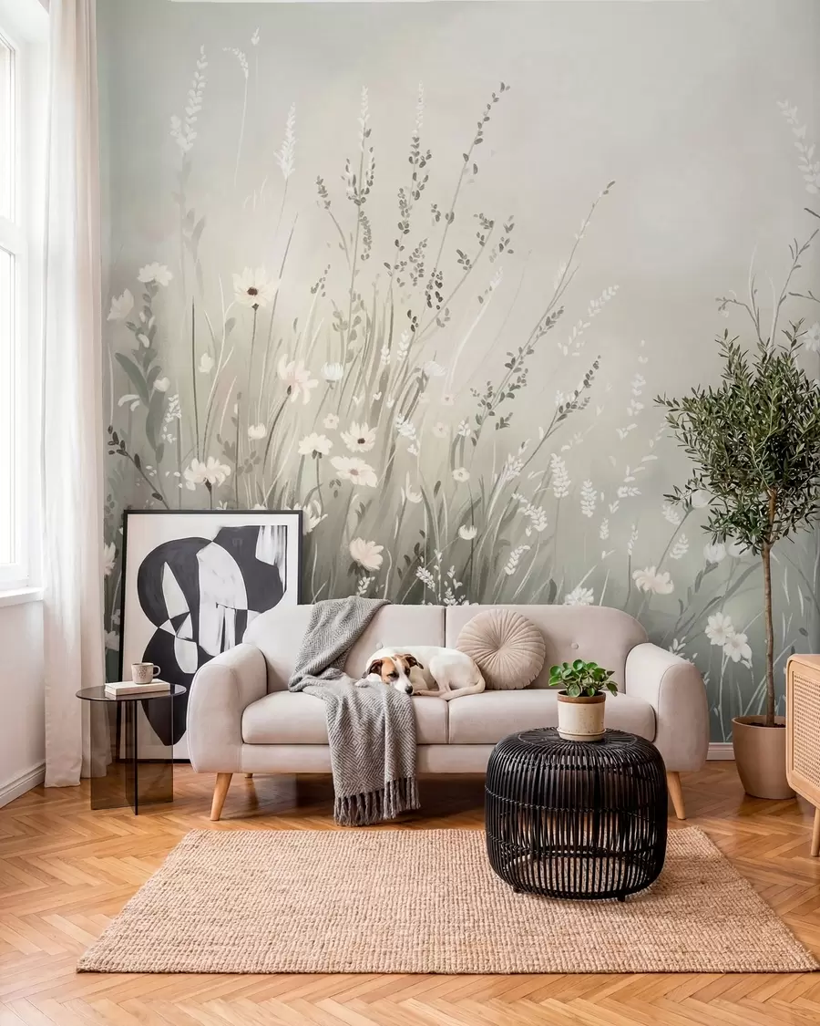 wall murals Меки ливадни призор са белим цвећем и нежним травама w05015v1