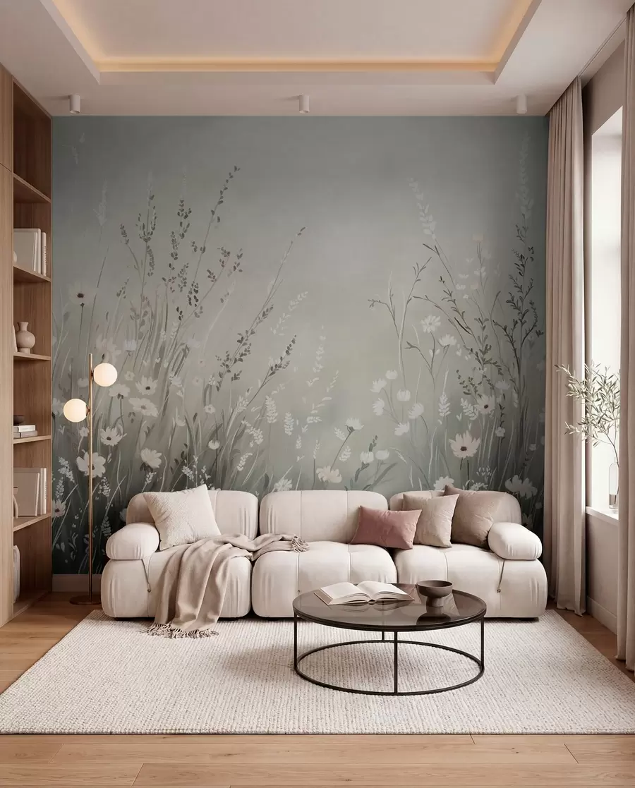 wall murals Меки ливадни призор са белим цвећем и нежним травама w05015v1