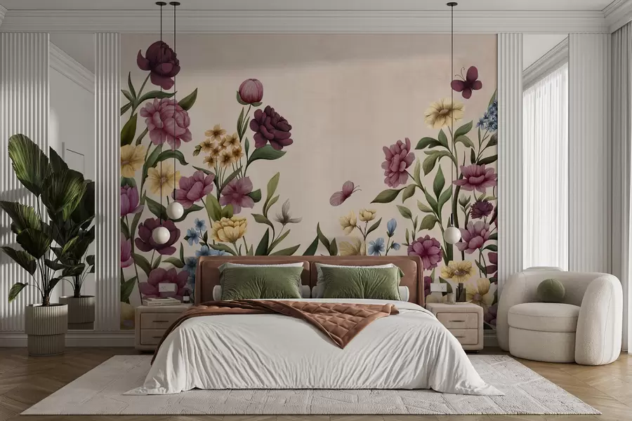 wall murals Цветна композиција са биљкама и лептирима на светлој позадини w05072