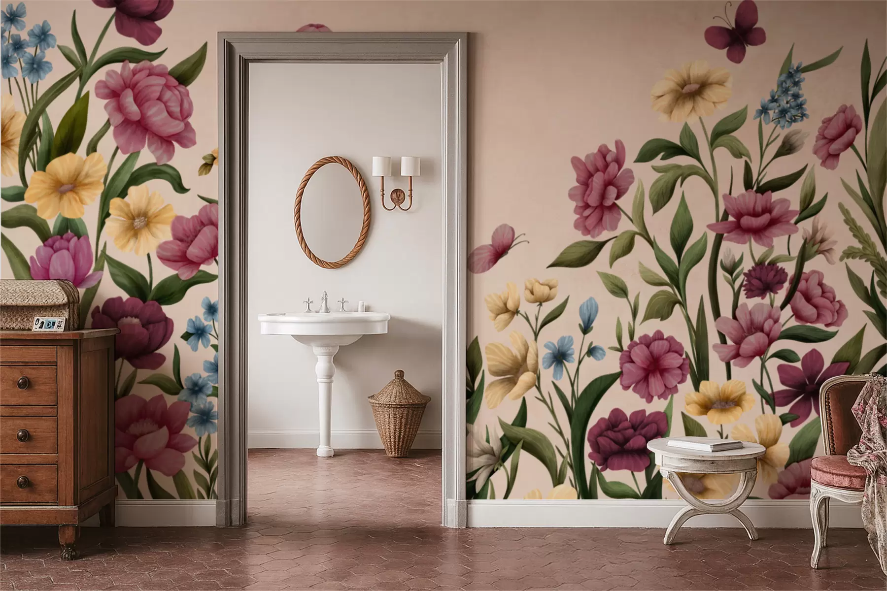 wall murals Цветна композиција са биљкама и лептирима на светлој позадини w05072