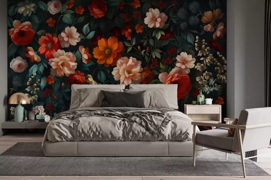 wall murals Тамни цветни узорак са бујним баштенским цвећем w05087