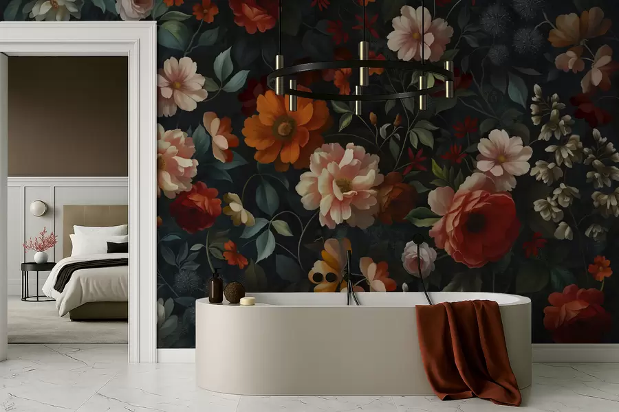 wall murals Тамни цветни узорак са бујним баштенским цвећем w05087