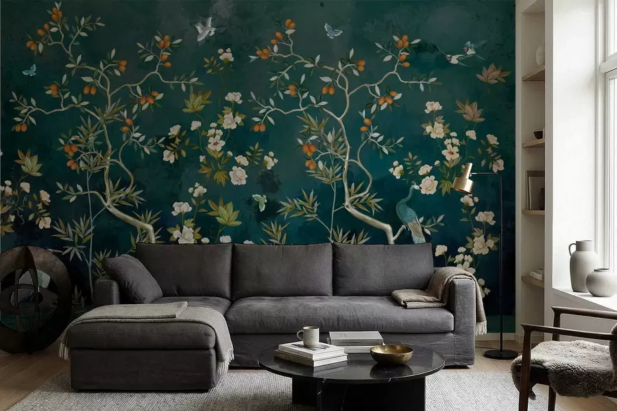 wall murals Декоративна сцена са дрвећем, цвећем и птицама на тамној позадини w05004