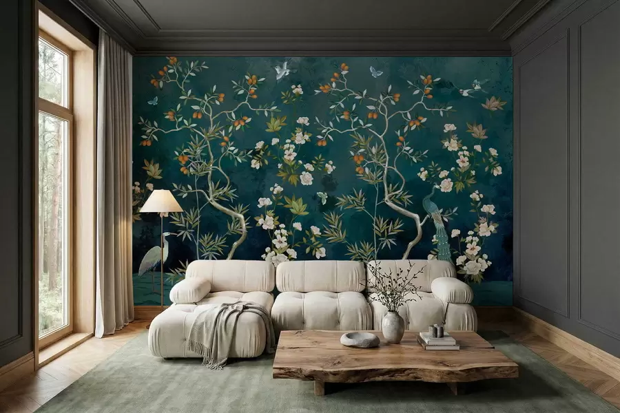 wall murals Декоративна сцена са дрвећем, цвећем и птицама на тамној позадини w05004