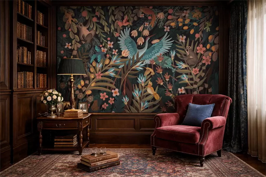 wall murals Фантазијска сцена са птицама и животињама међу биљкама w05024