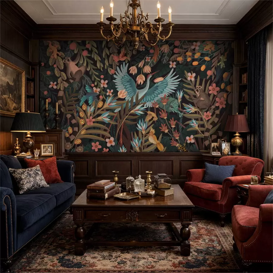 wall murals Фантазијска сцена са птицама и животињама међу биљкама w05024