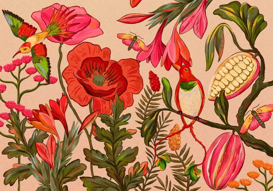 wall murals Декоративно цвеће и птице на беж позадини w05036