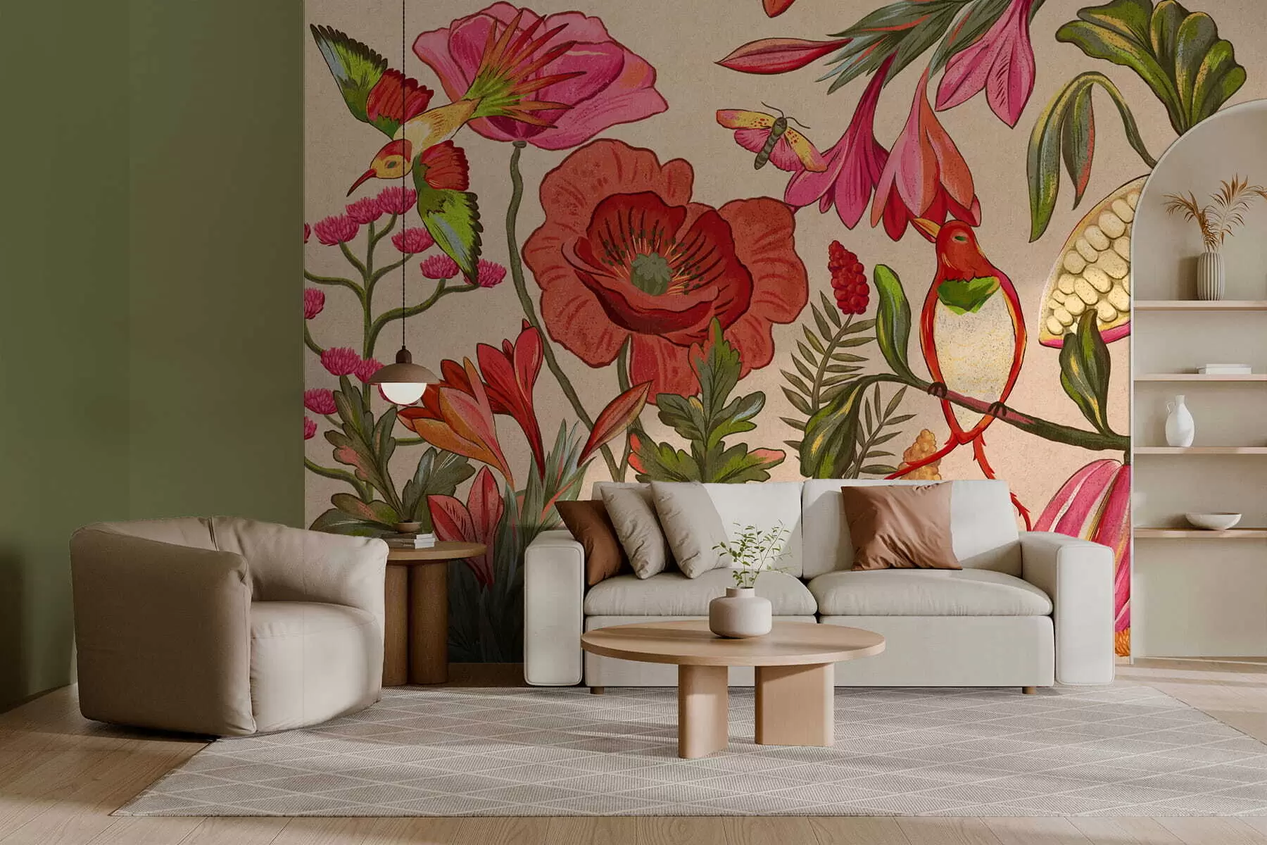 wall murals Декоративно цвеће и птице на беж позадини w05036