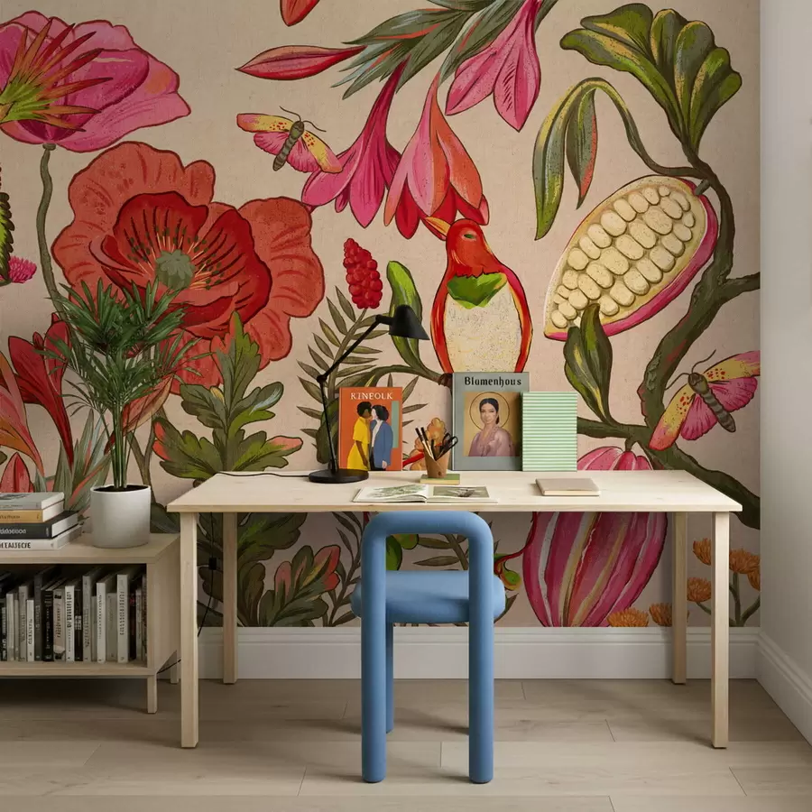 wall murals Декоративно цвеће и птице на беж позадини w05036