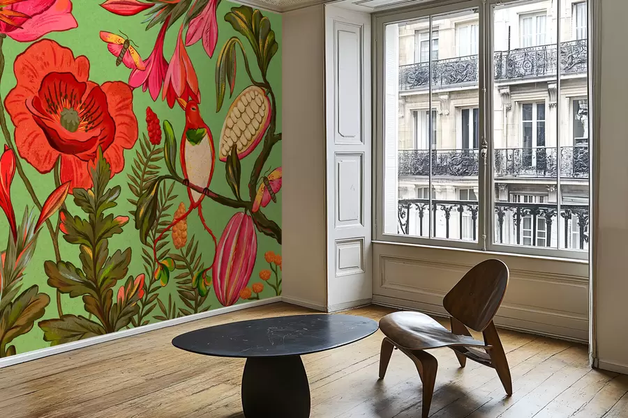 wall murals Декоративно цвеће и птице на зеленој позадини w05036v1