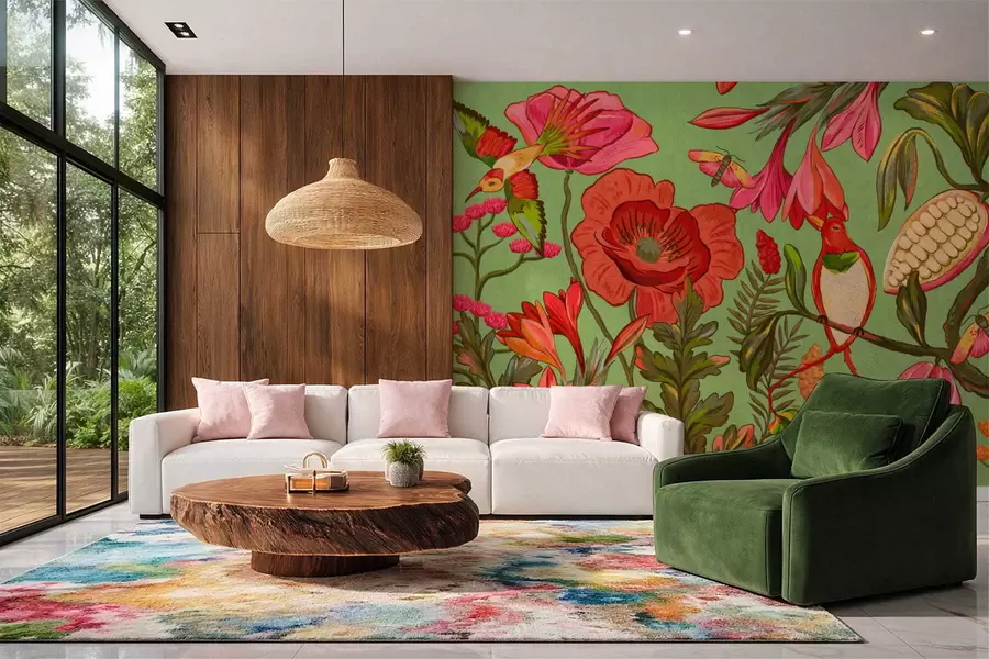 wall murals Декоративно цвеће и птице на зеленој позадини w05036v1