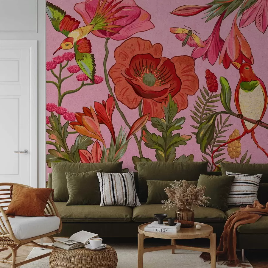 wall murals Декоративно цвеће и птице на ружичастој позадини w05036v2