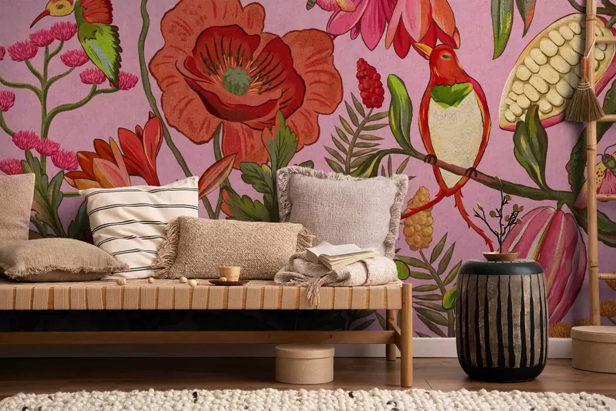 wall murals Декоративно цвеће и птице на ружичастој позадини w05036v2