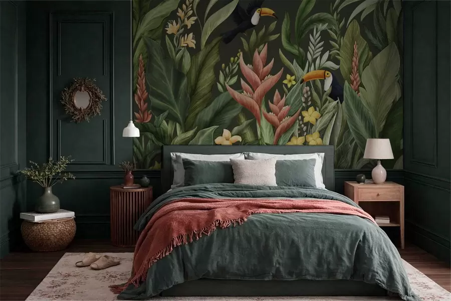 wall murals Тропско лишће и птице са великим кљуном на тамној позадини w05088