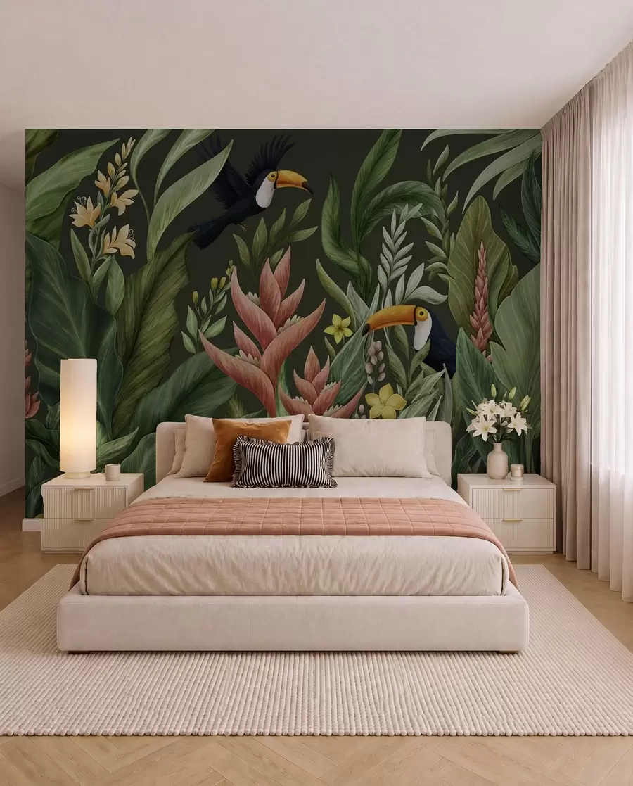 wall murals Тропско лишће и птице са великим кљуном на тамној позадини w05088