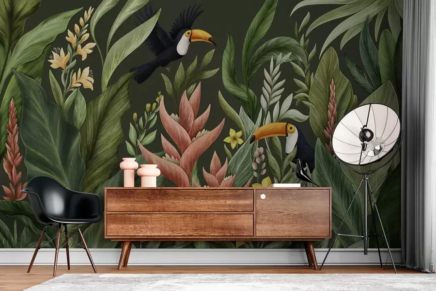 wall murals Тропско лишће и птице са великим кљуном на тамној позадини w05088