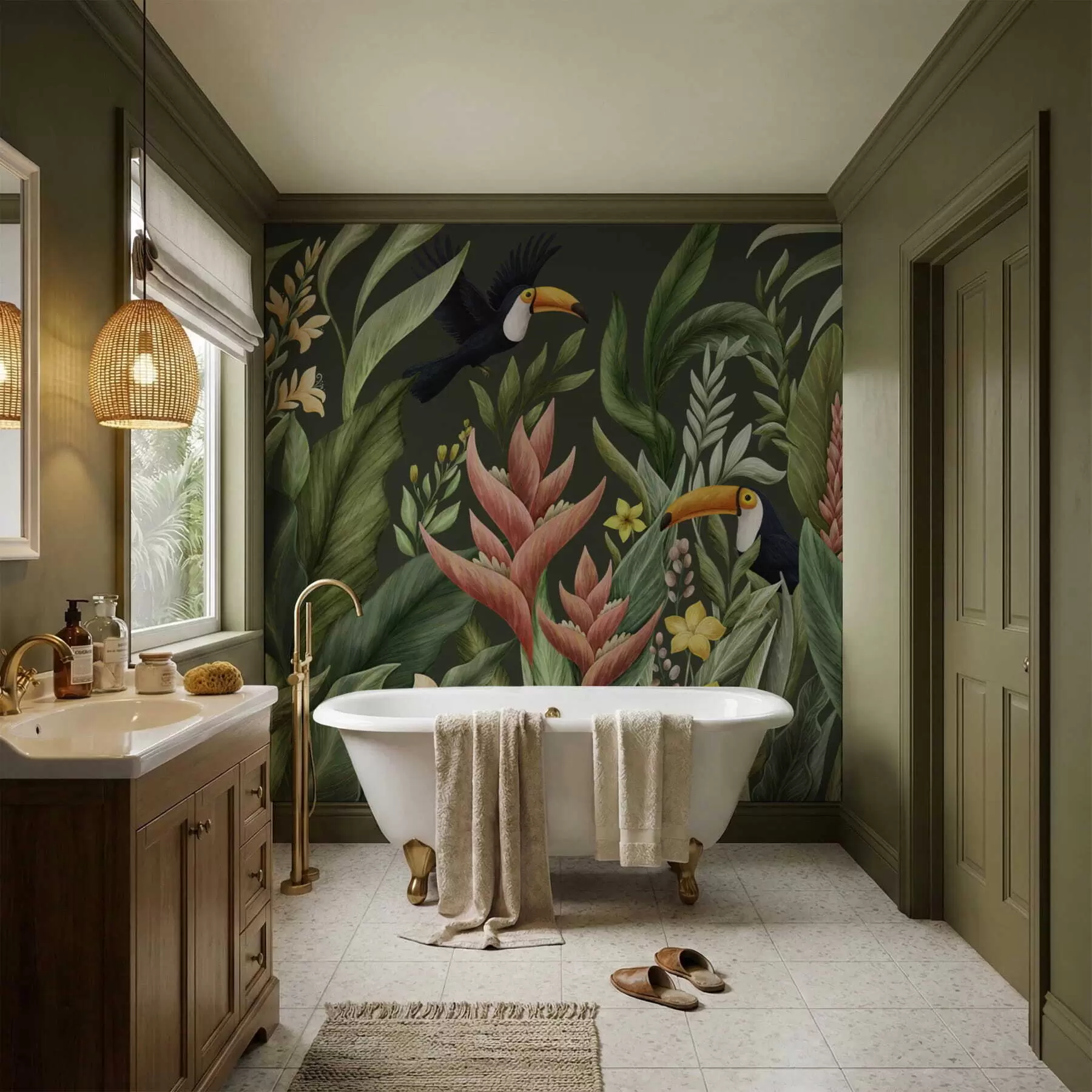 wall murals Тропско лишће и птице са великим кљуном на тамној позадини w05088