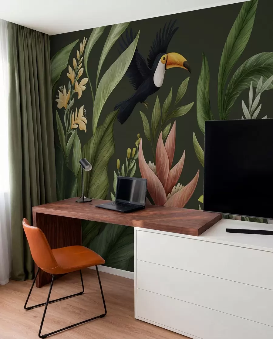 wall murals Тропско лишће и птице са великим кљуном на тамној позадини w05088