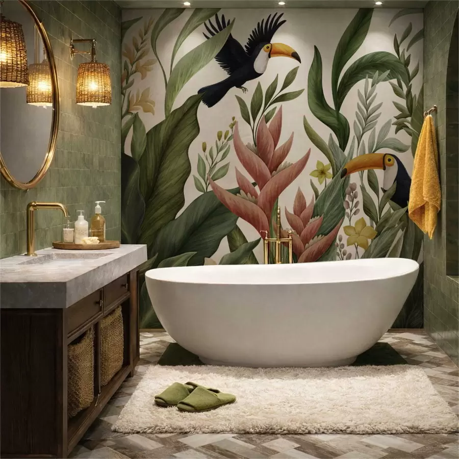 wall murals Тропске биљке и птице са великим кљуном на светлој позадини w05088v1