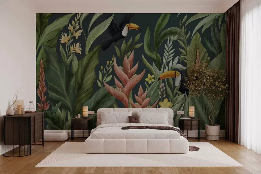 wall murals Тропске биљке и птице са великим кљуном на тамној позадини w05088v2