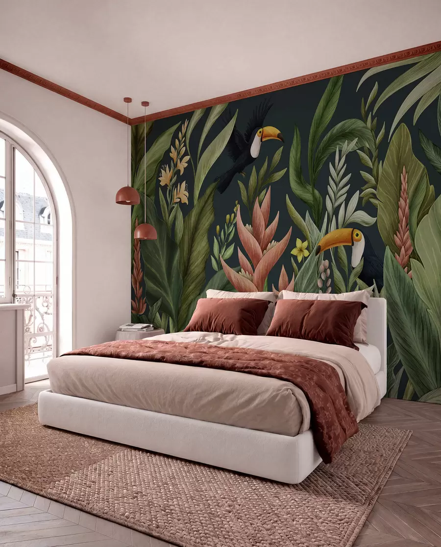 wall murals Тропске биљке и птице са великим кљуном на тамној позадини w05088v2