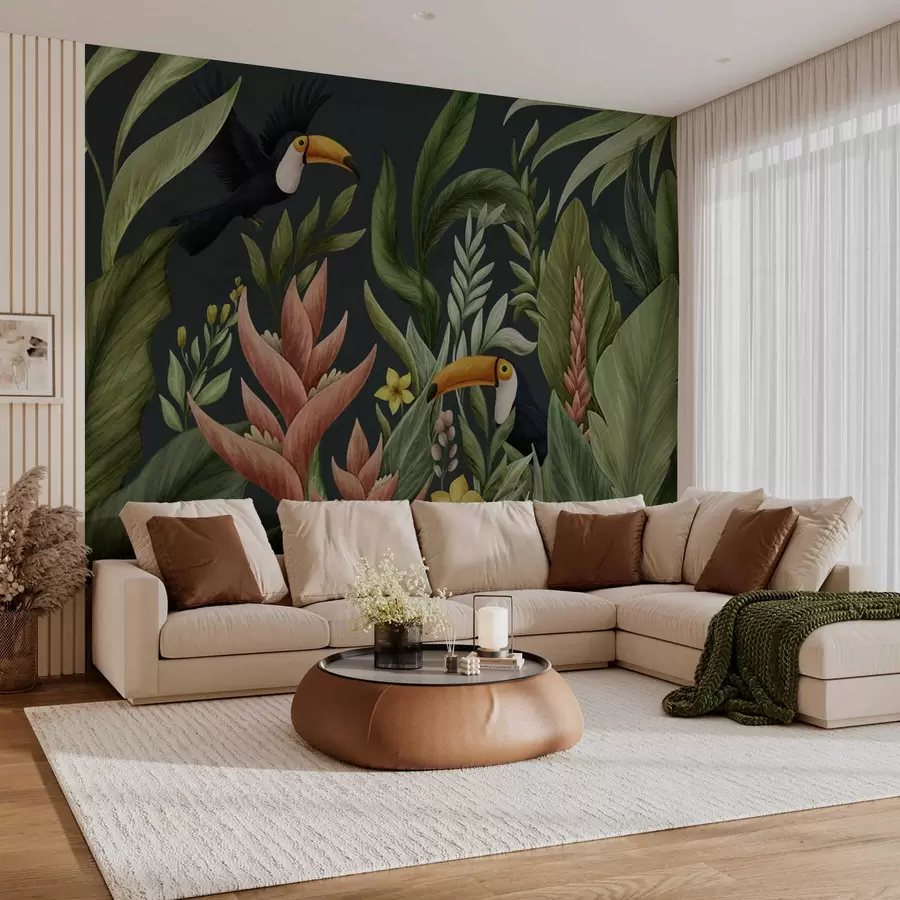 wall murals Тропске биљке и птице са великим кљуном на тамној позадини w05088v2