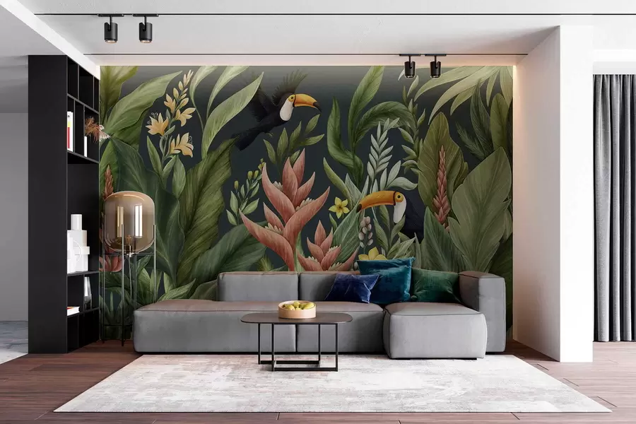 wall murals Тропске биљке и птице са великим кљуном на тамној позадини w05088v2