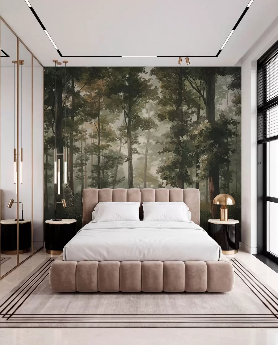 wall murals Илустрација шуме са маглом, високим дрвећем и стазом w05089