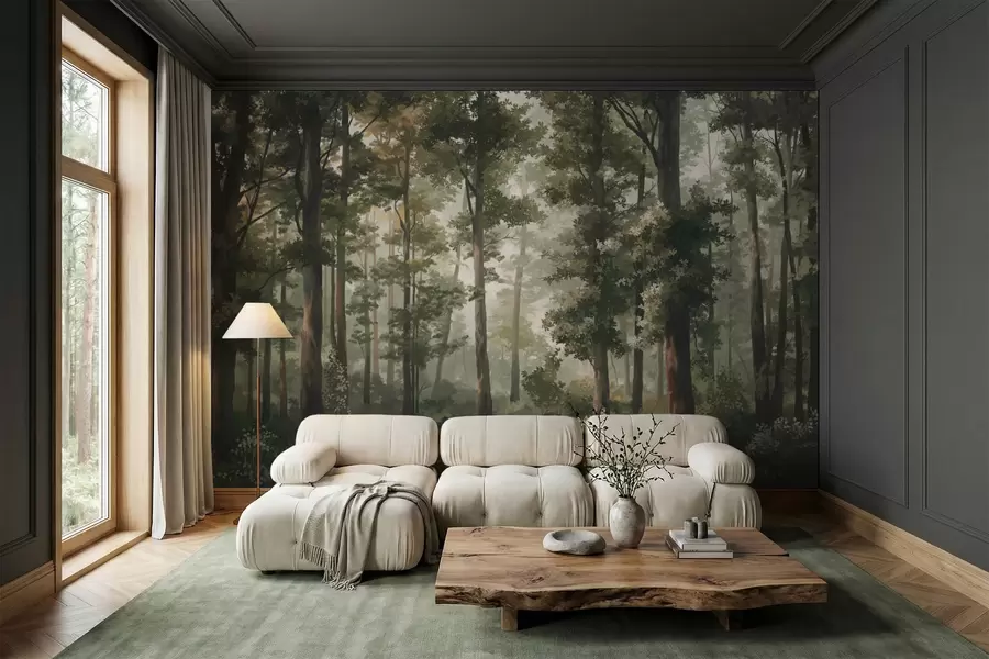 wall murals Илустрација шуме са маглом, високим дрвећем и стазом w05089