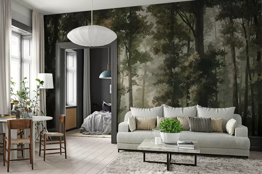wall murals Илустрација шуме са маглом, високим дрвећем и стазом w05089