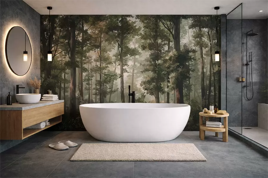 wall murals Илустрација шуме са маглом, високим дрвећем и стазом w05089