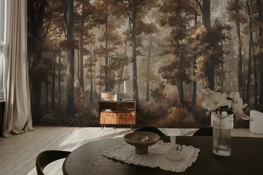 wall murals Јесењи шумски пејзаж са топлим светлом и густим дрвећем w05089v1