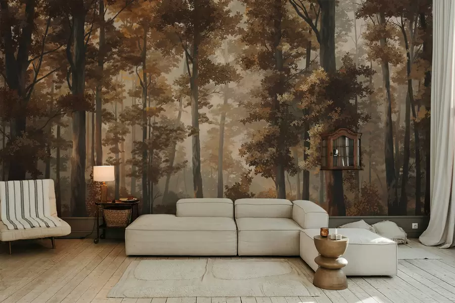 wall murals Јесењи шумски пејзаж са топлим светлом и густим дрвећем w05089v1