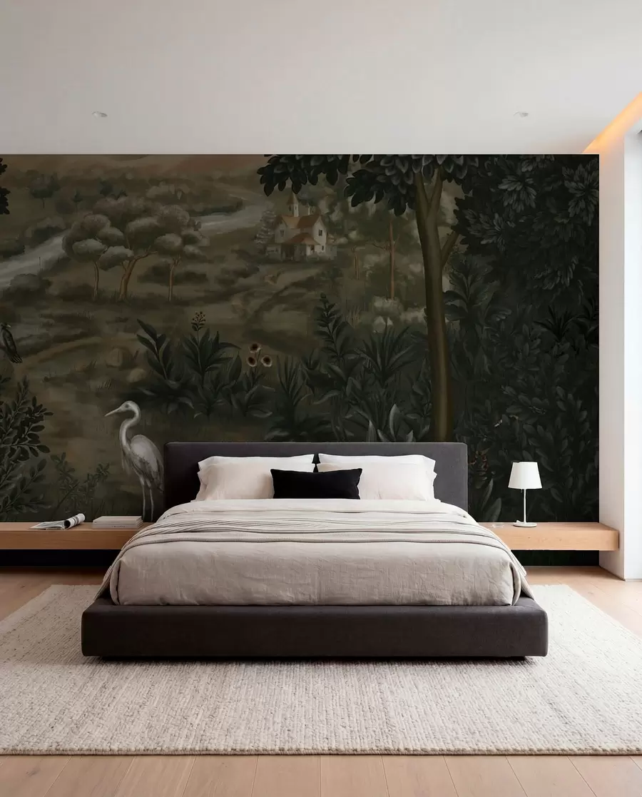 wall murals Фантазијски пејзаж са реком, кућом и птицама међу дрвећем w05090