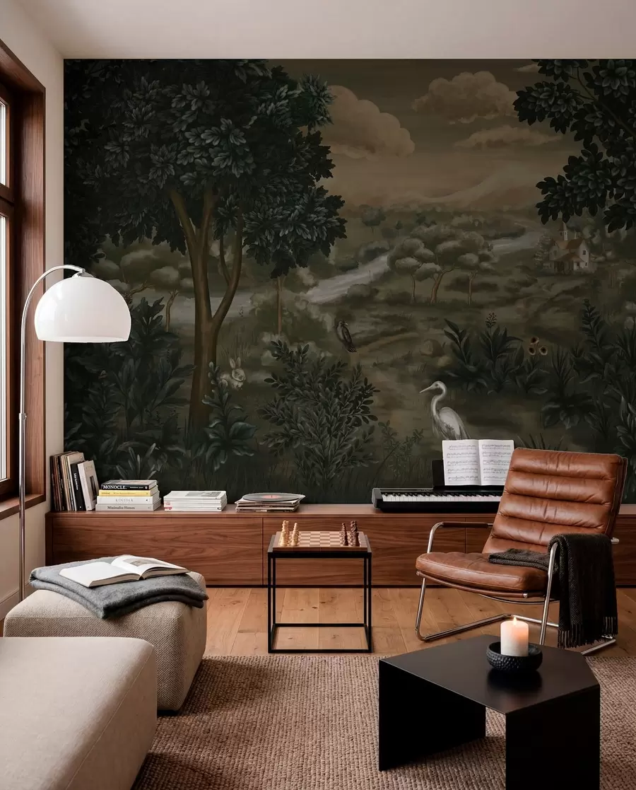 wall murals Фантазијски пејзаж са реком, кућом и птицама међу дрвећем w05090
