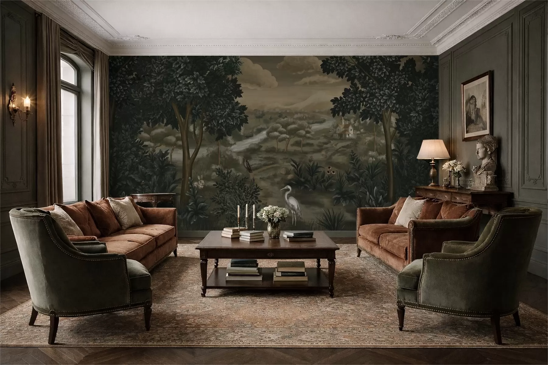 wall murals Фантазијски пејзаж са реком, кућом и птицама међу дрвећем w05090