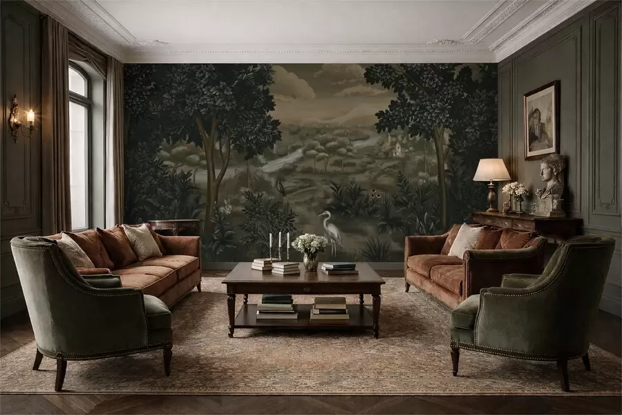 wall murals Фантазијски пејзаж са реком, кућом и птицама међу дрвећем w05090