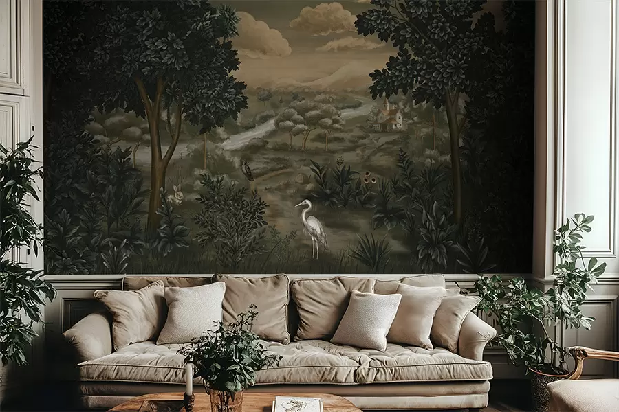 wall murals Фантазијски пејзаж са реком, кућом и птицама међу дрвећем w05090