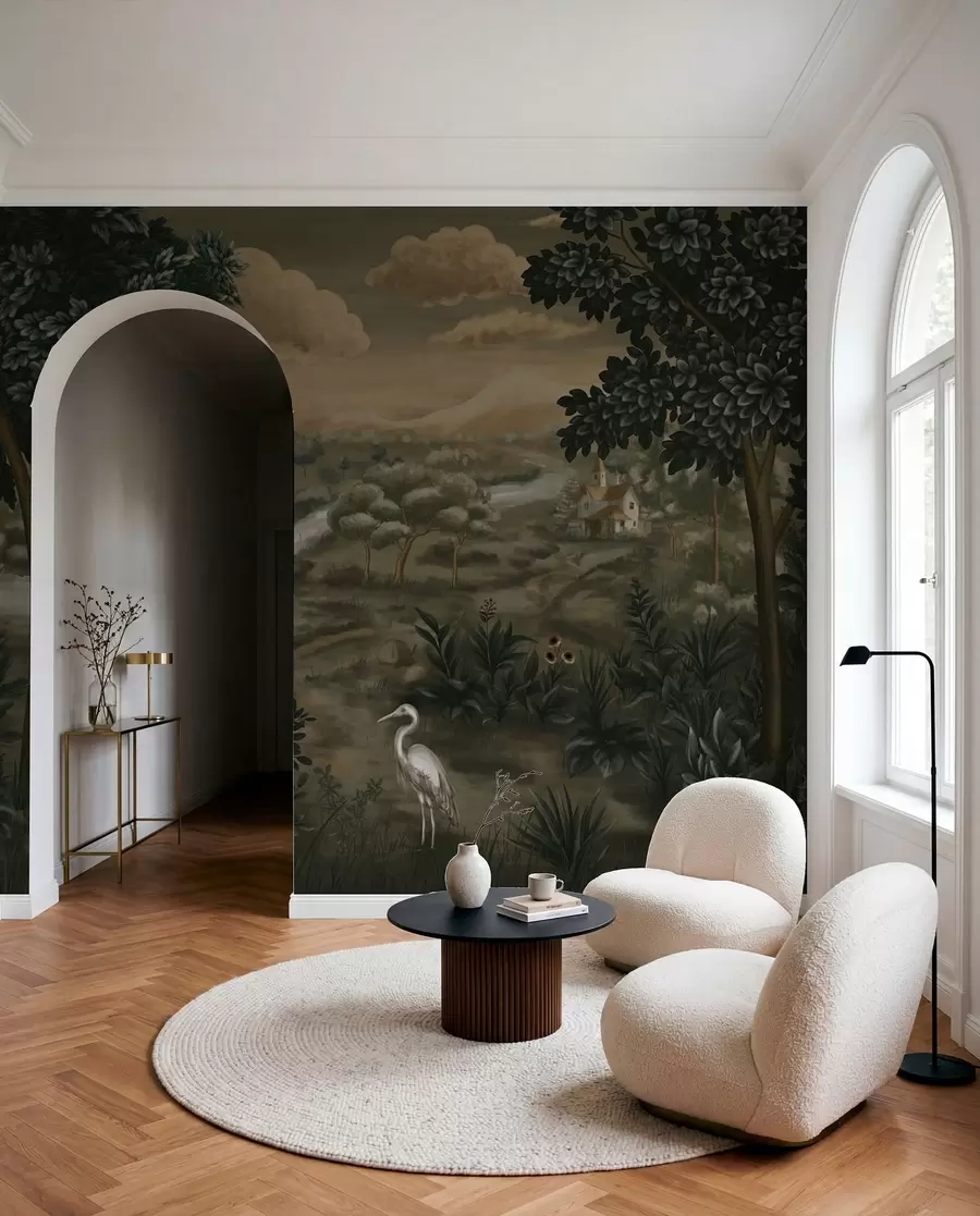 wall murals Фантазијски пејзаж са реком, кућом и птицама међу дрвећем w05090