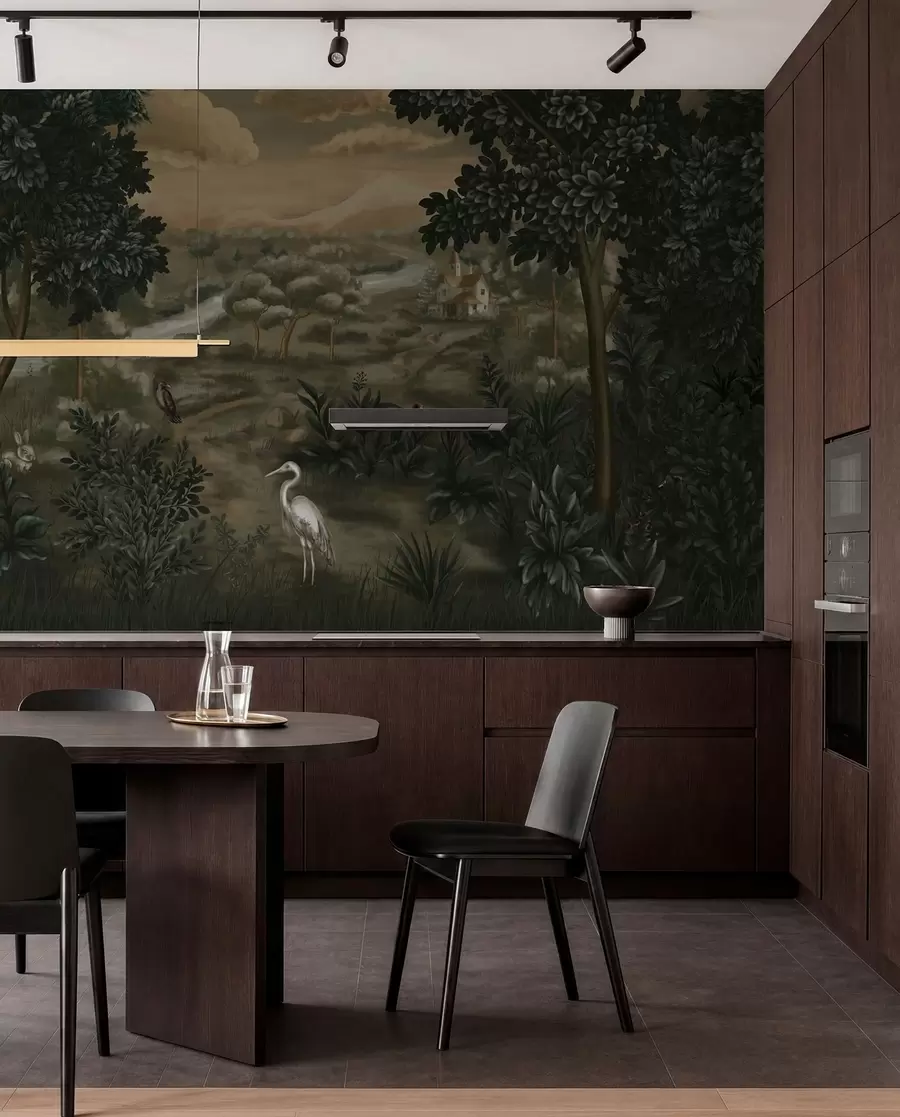 wall murals Фантазијски пејзаж са реком, кућом и птицама међу дрвећем w05090