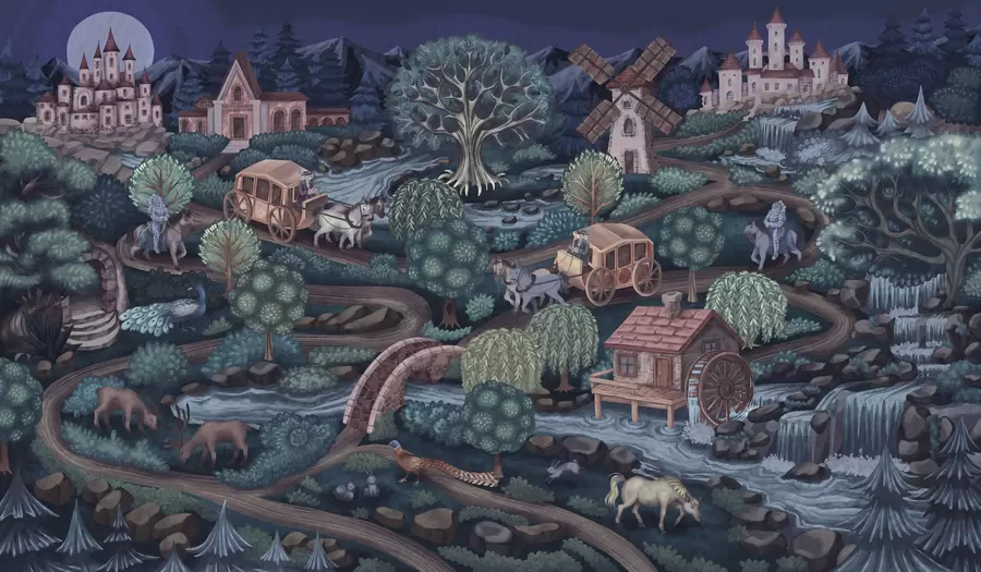 wall murals Ноћна вила са дворцима, млиновима и шумом w05091