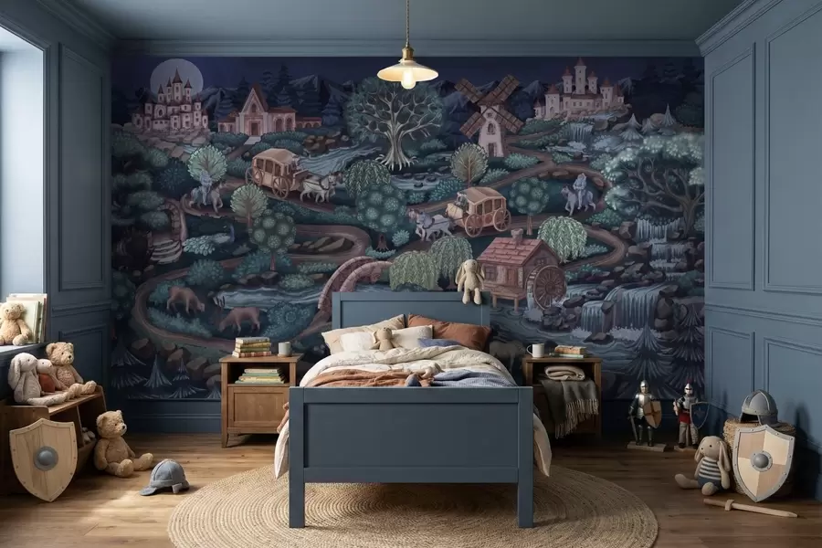 wall murals Ноћна вила са дворцима, млиновима и шумом w05091