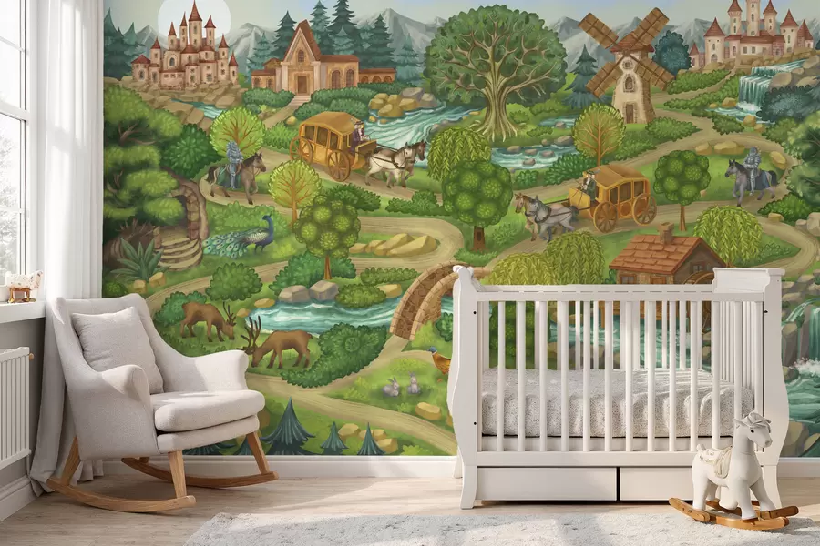 wall murals Вилинска илустрација са замковима, шумом, рекама и путницима w05091v1