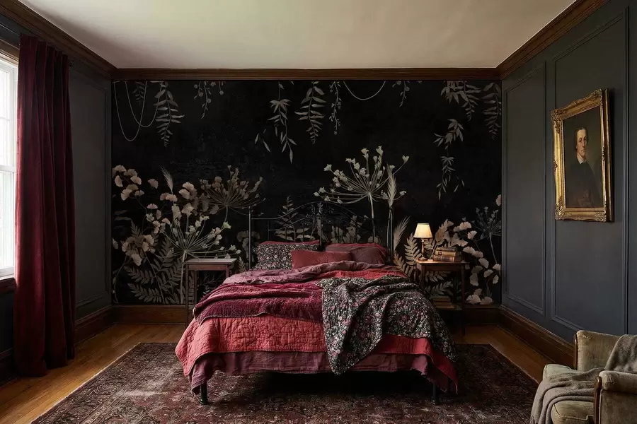 wall murals Тамни ботанички узорак са цвећем и лишћем w05092