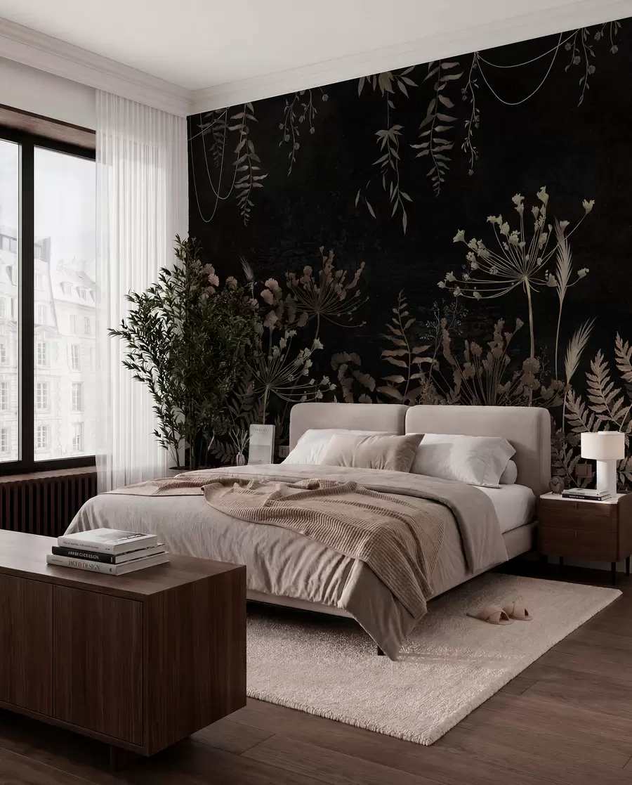 wall murals Тамни ботанички узорак са цвећем и лишћем w05092