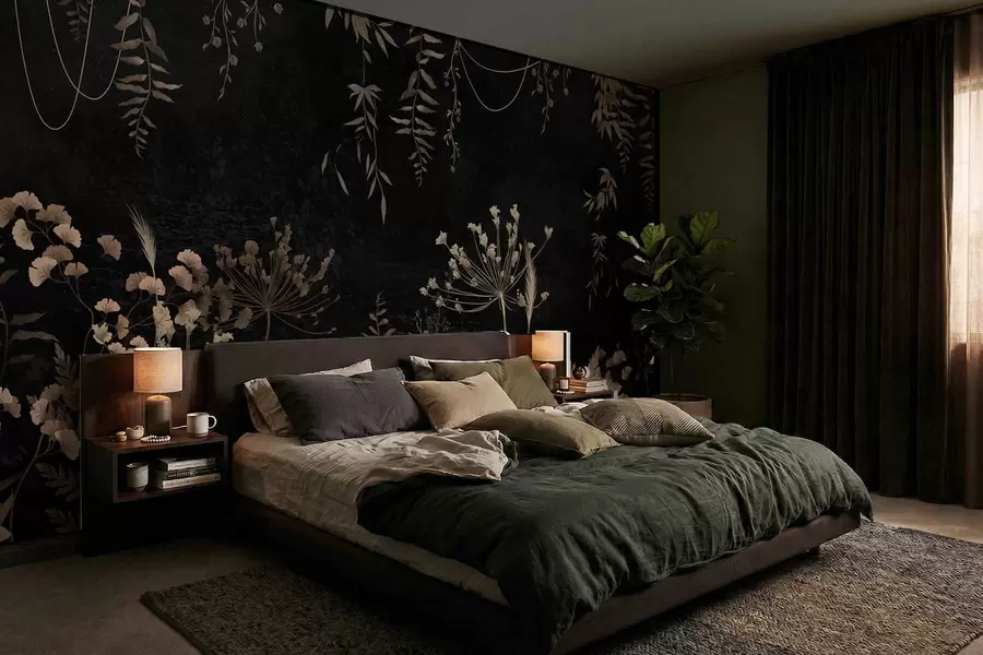 wall murals Тамни ботанички узорак са цвећем и лишћем w05092
