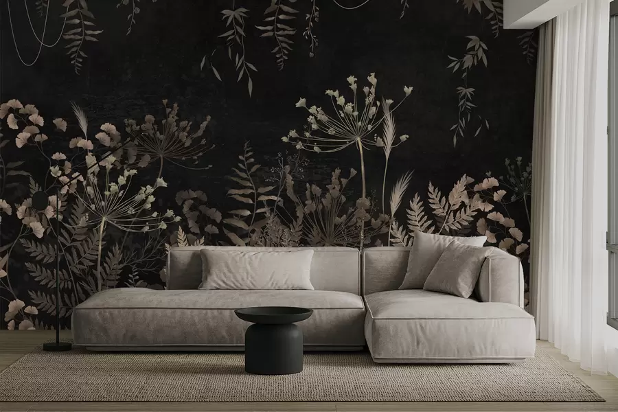 wall murals Тамни ботанички узорак са цвећем и лишћем w05092